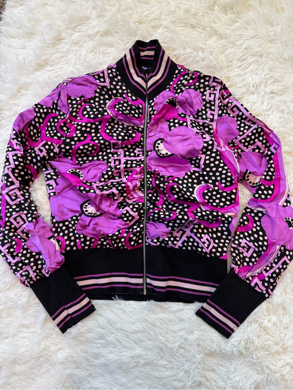 Y2K Alice & Trixie 100% silk pink purple abstract ruched bomber jacket medium